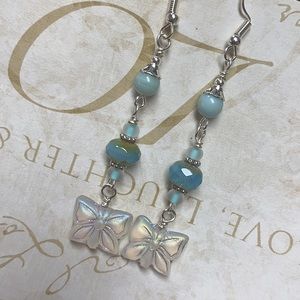 NEW Butterfly aqua blue earrings iridescent long